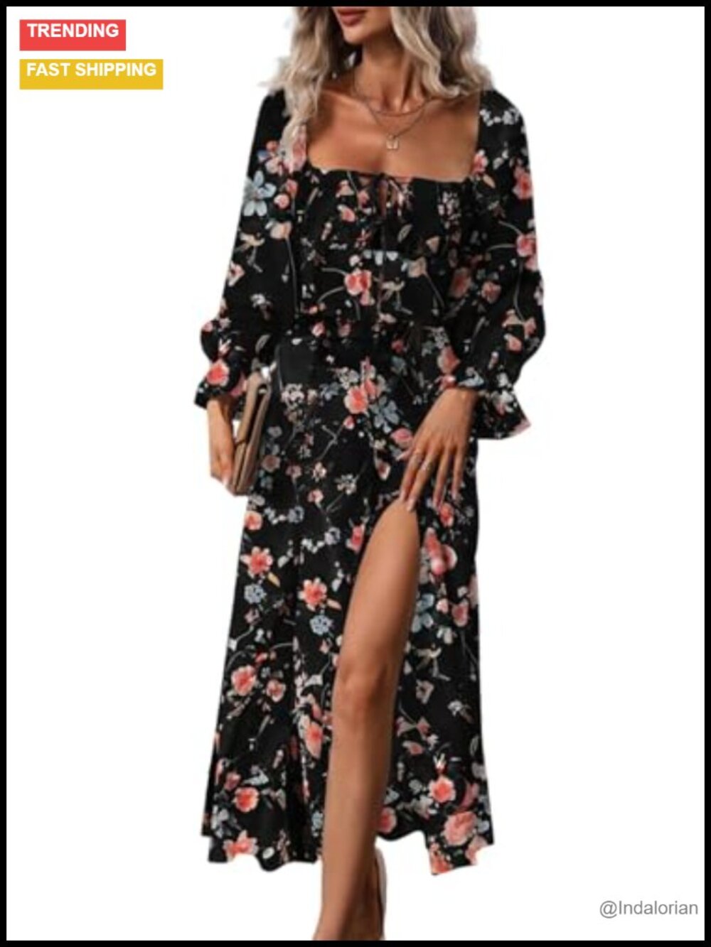 Women's Boho Floral Square Neck Long Sleeve Midi Dress Side Split Casual